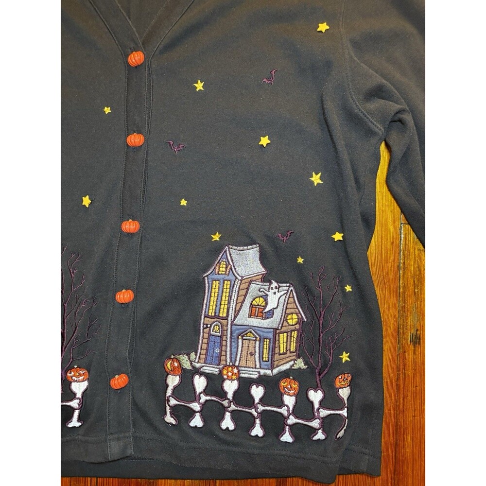 Vintage Karen Scott Halloween Embroidered Cardigan Sweater Skeleton Ghost L - Picture 3 of 9
